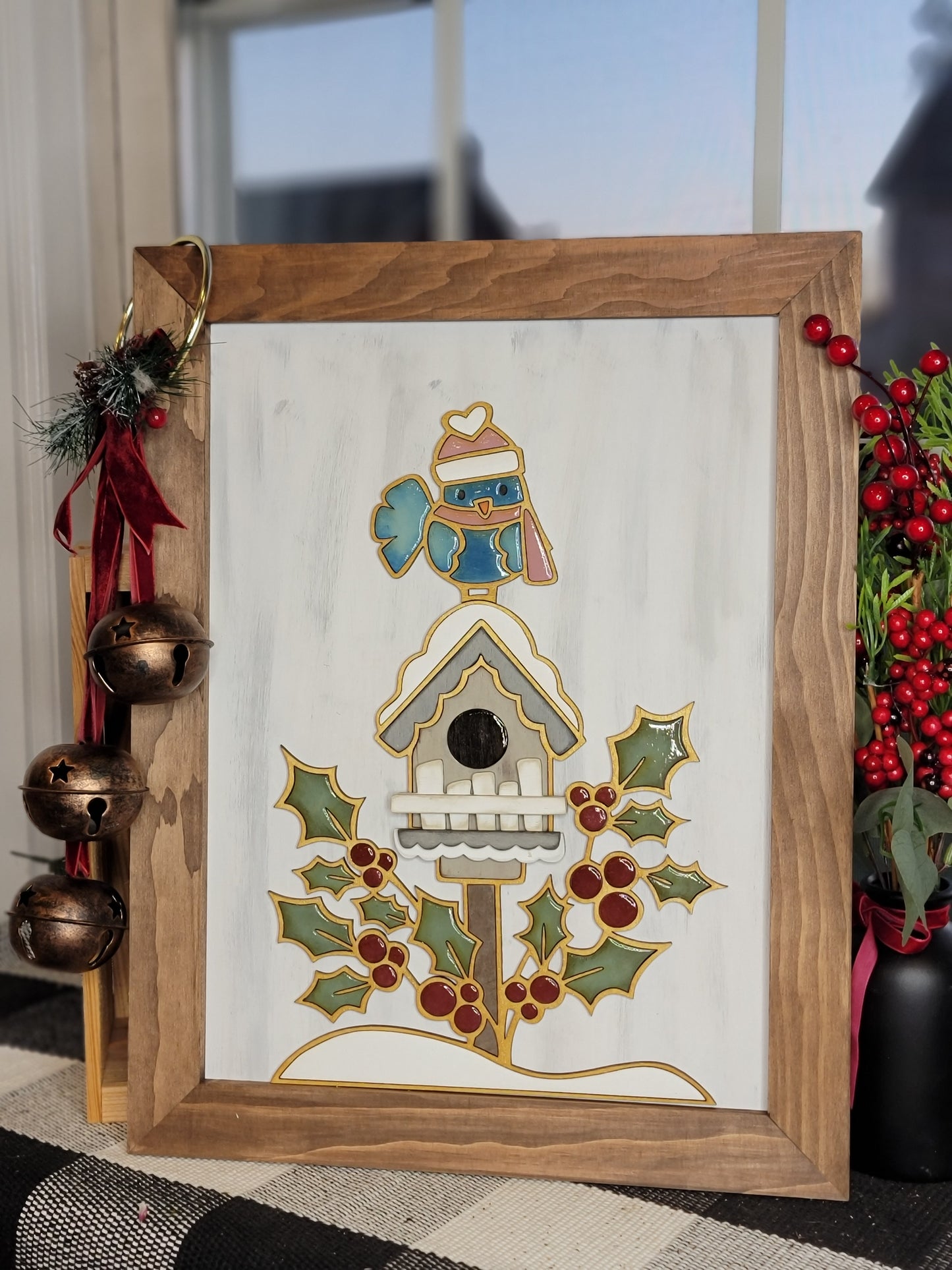 Bird on Mailbox Winter Framed 3D Laser Cut w/Liquid Glass Finish