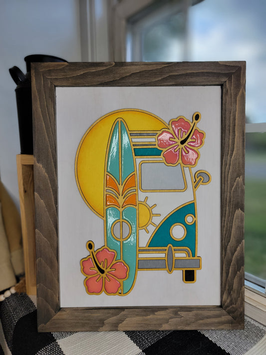 Surfboard & VW Bus 3D Laser Cut w/Liquid Glass Finish